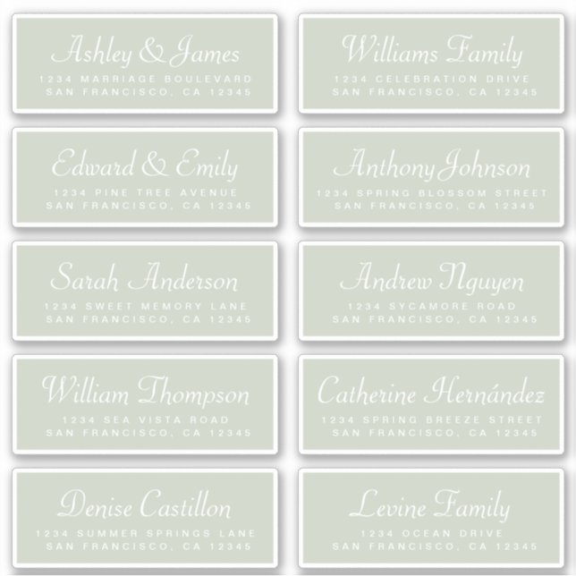 Chic Calligraphy Green Guest Address Labels (Front)