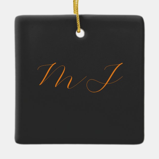 Chic calligraphy grey orange monogram name initial ceramic ornament (Front)