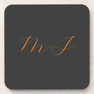 Chic calligraphy grey orange monogram name initial coaster