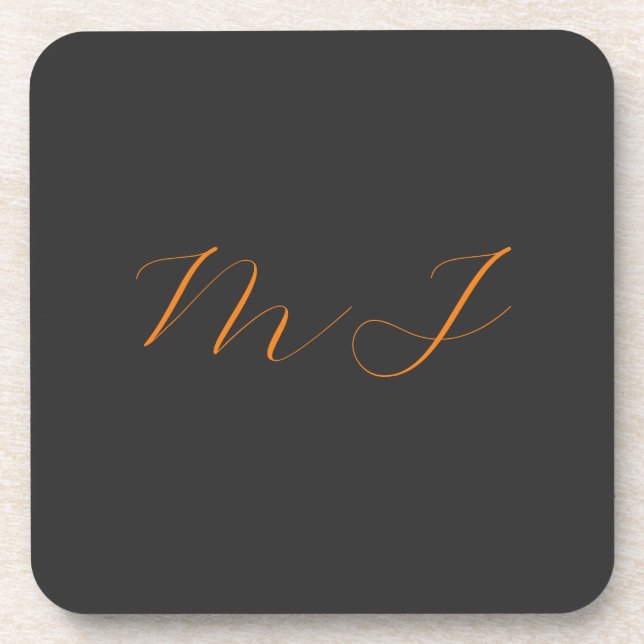 Chic calligraphy grey orange monogram name initial coaster (Front)