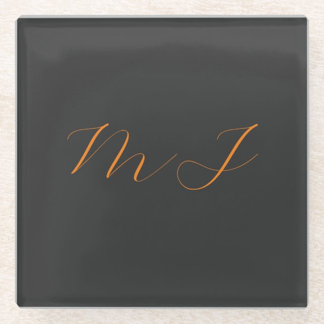Chic calligraphy grey orange monogram name initial glass coaster (Front)