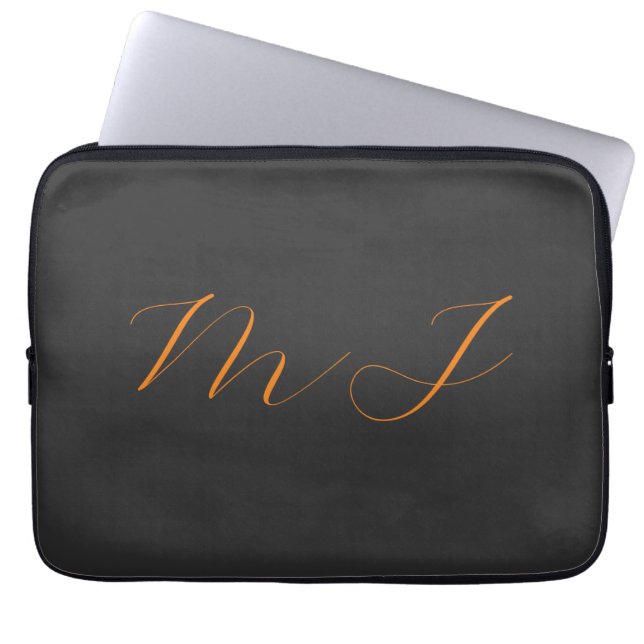 Chic calligraphy grey orange monogram name initial laptop sleeve (Front)