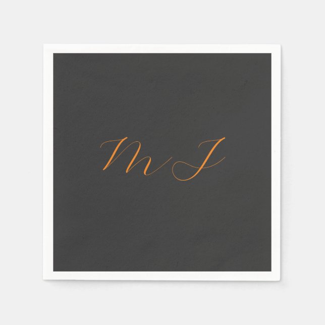 Chic calligraphy grey orange monogram name initial napkin (Front)