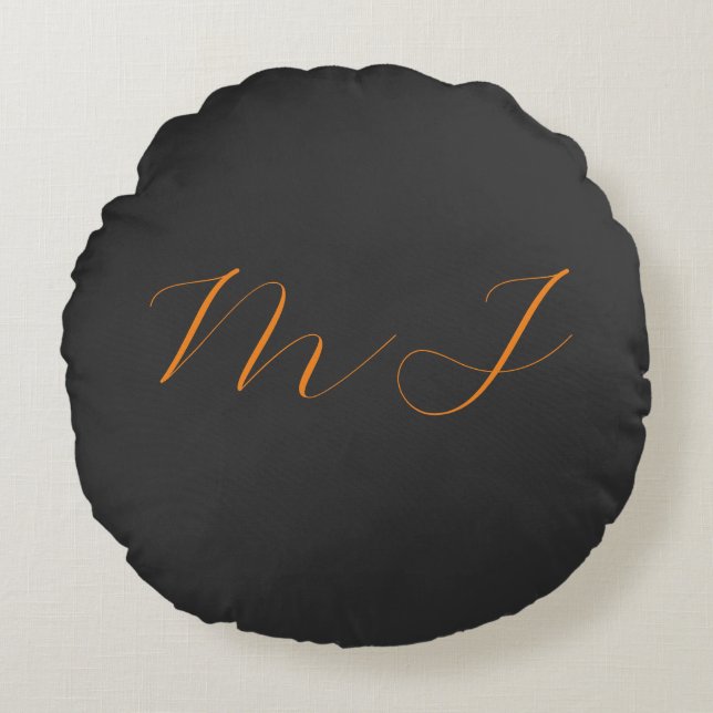 Chic calligraphy grey orange monogram name initial round cushion (Front)