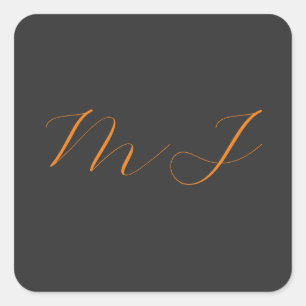 Chic calligraphy grey orange monogram name initial square sticker