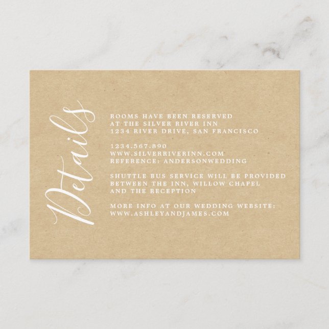 Chic Calligraphy Kraft Paper Wedding Details Enclosure Card (Front)