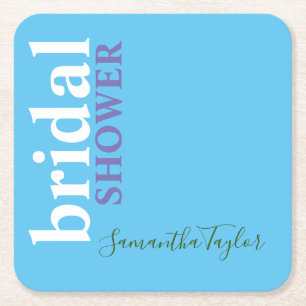 Chic Calligraphy Minimalist Bridal Shower Blue Square Paper Coaster