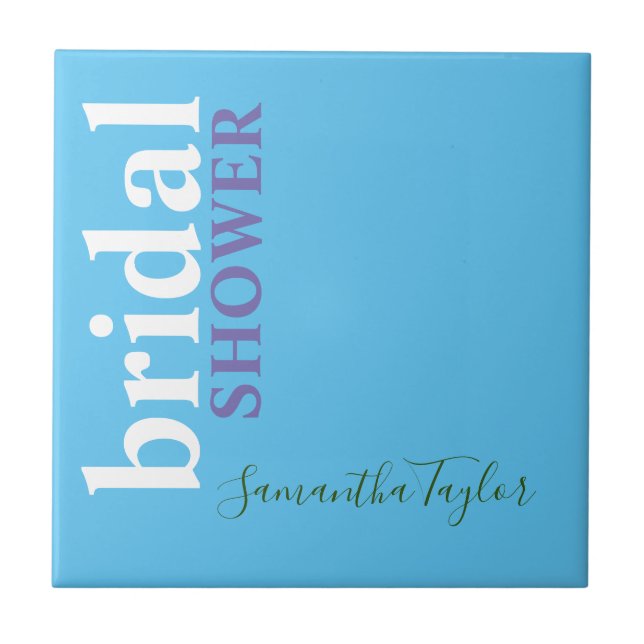 Chic Calligraphy Minimalist Bridal Shower Blue Tile (Front)