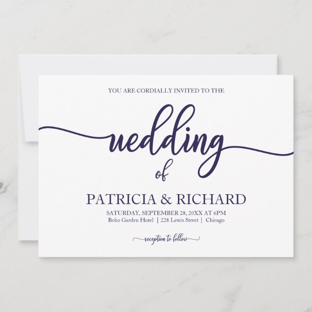 Chic Calligraphy Navy BlueWhite Wedding Invitation (Front)