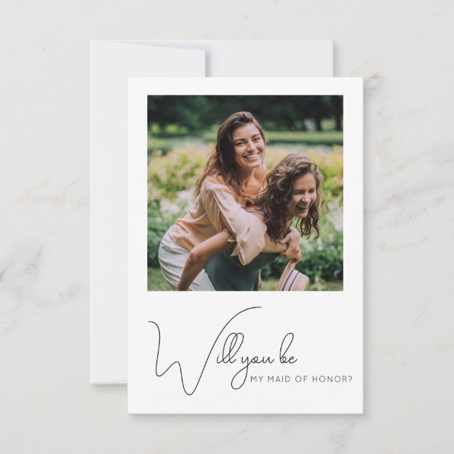 Chic Calligraphy Photo Maid of Honour Proposal Car Thank You Card (Front)