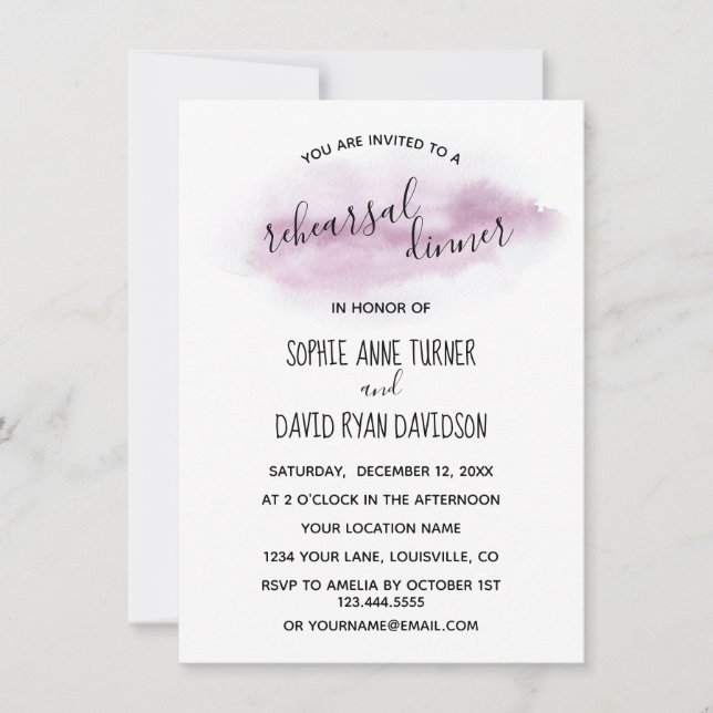 Chic Calligraphy Pink Watercolour Rehearsal Dinner Invitation (Front)