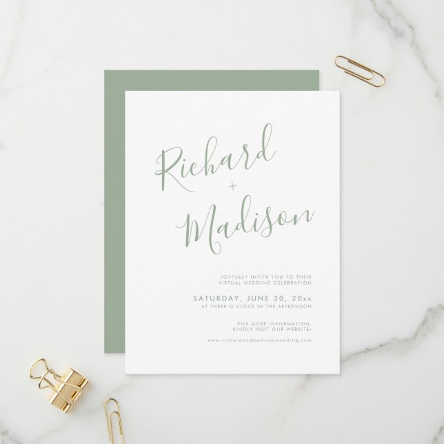Chic Calligraphy Sage Green Photo Virtual Wedding Invitation Postcard (Front/Back In Situ)