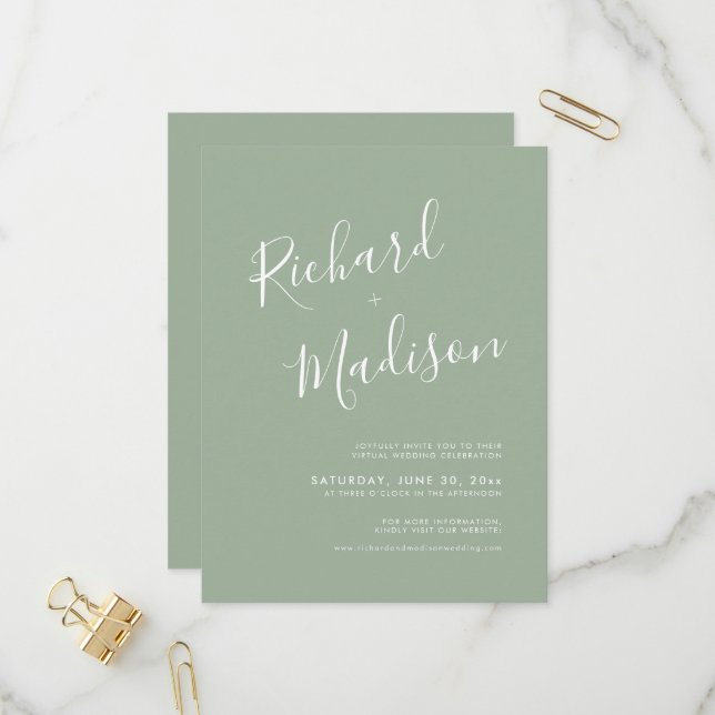Chic Calligraphy Sage Green Photo Virtual Wedding Invitation Postcard (Front/Back In Situ)
