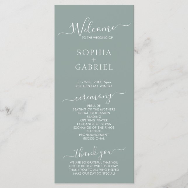 Chic Calligraphy Sage Green Wedding Ceremony Programme (Front)