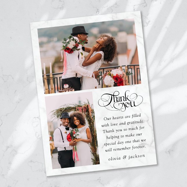 Chic Calligraphy Script Marble Photo Wedding Thank You Card (Creator Uploaded)