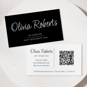 Chic Calligraphy Script Modern Black White QR Code Business Card