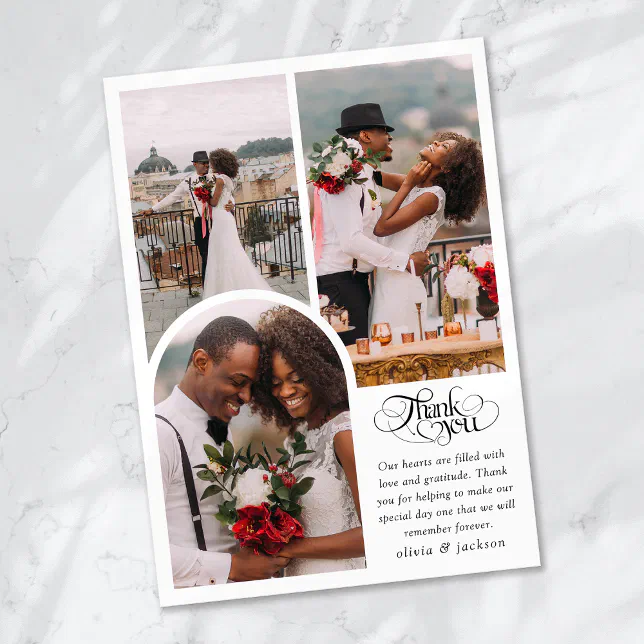 Chic Calligraphy Script Photo Wedding Thank You Card | Zazzle