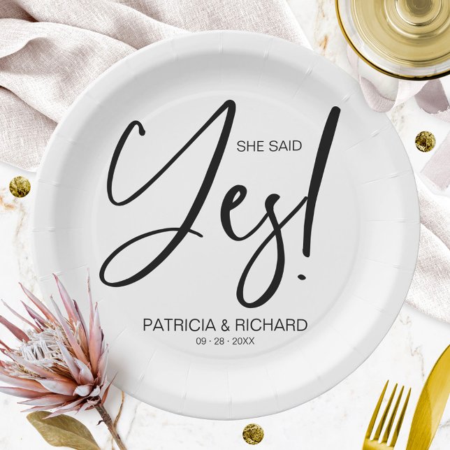 Chic Calligraphy She Said Yes Engagement Party Paper Plate (Creator Uploaded)