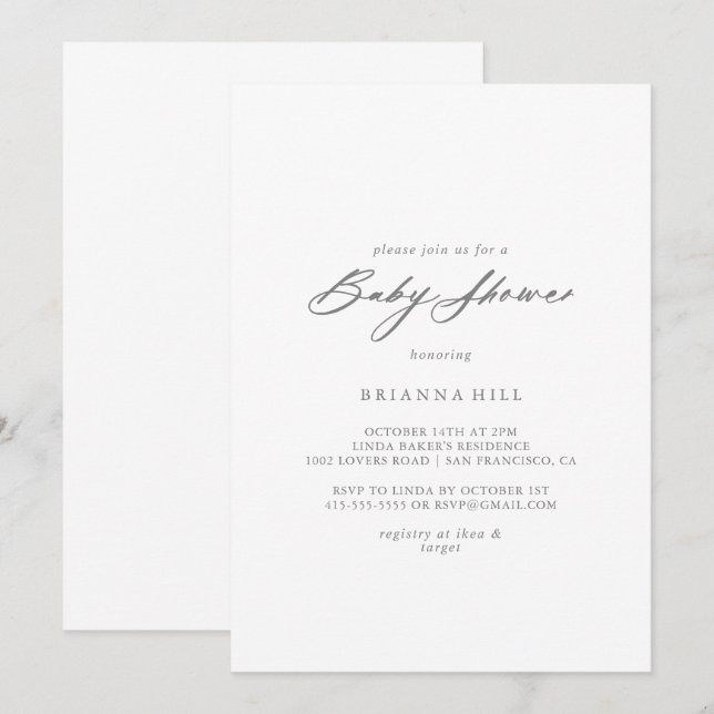 Chic Calligraphy Silver Baby Shower  Invitation (Front/Back)