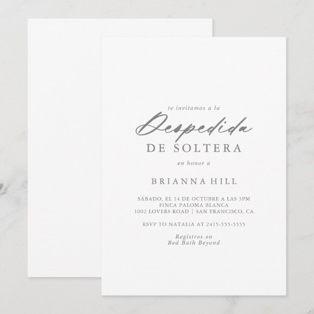 Chic Calligraphy Silver Spanish Bridal Shower  Invitation (Front/Back)