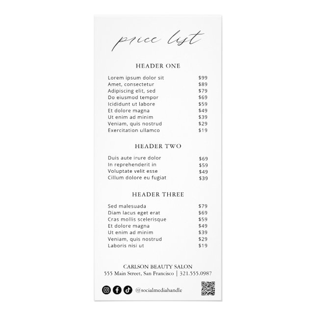Chic Calligraphy Simple Elegant Price List Rack Card (Front)