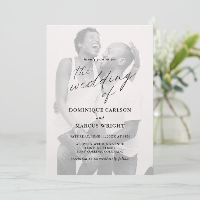 Chic Calligraphy Simple Photo Elegant Wedding Invitation (Standing Front)