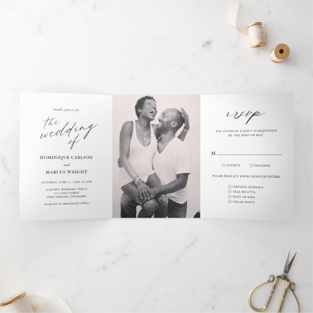 Chic Calligraphy Simple Photo Elegant Wedding Tri-Fold Invitation (Inside)