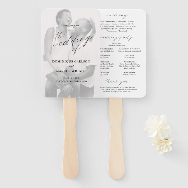 Chic Calligraphy Simple Photo Wedding Program Hand Fan (Front and Back)