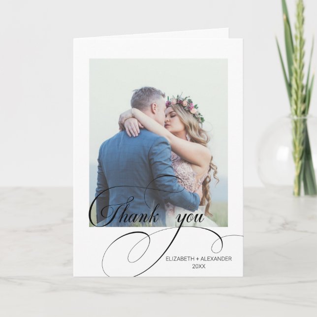 Chic Calligraphy Wedding Photo Thank You Card (Front)