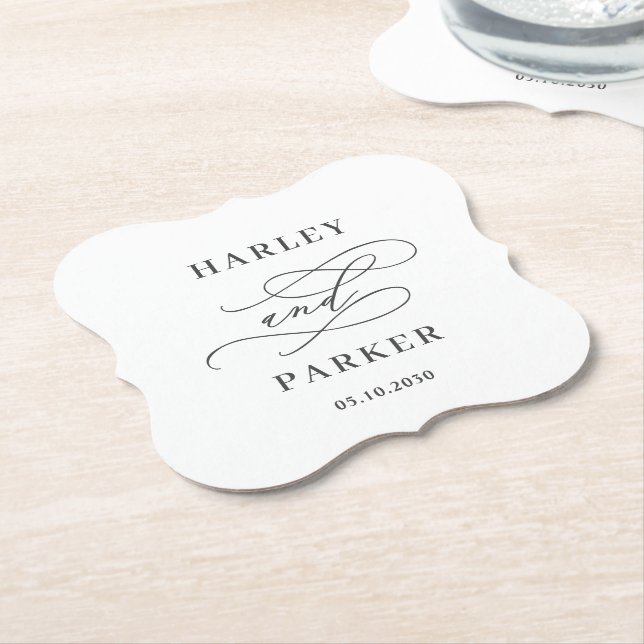 Chic Calligraphy Wedding Rehearsal Engagement Paper Coaster (Angled)