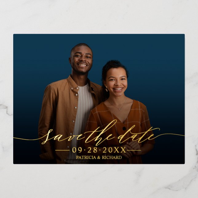 Chic Calligraphy Wedding Save The Date Photo Foil Holiday Postcard (Front)