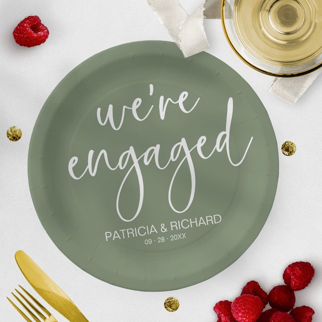 Chic Calligraphy We're Engaged Engagement Party Paper Plate (Creator Uploaded)