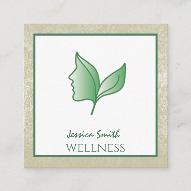 Chic calming elegant girl face leaves wellness square business card (Front)