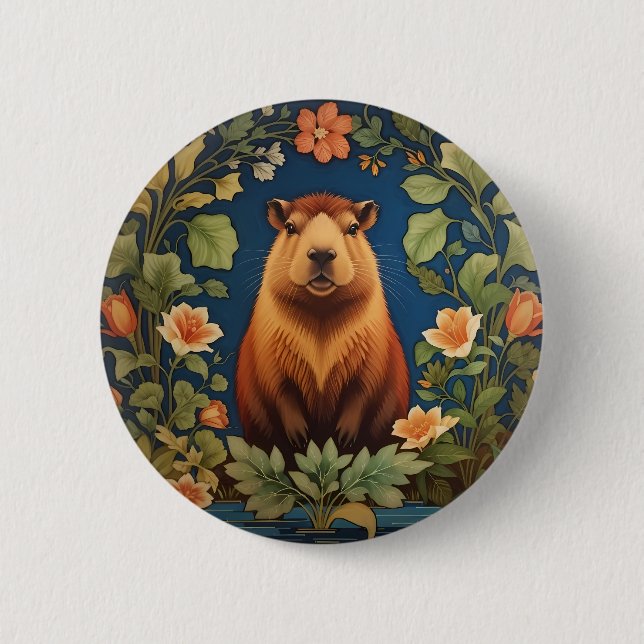 Chic Capybara - William Morris Inspired 6 Cm Round Badge (Front)