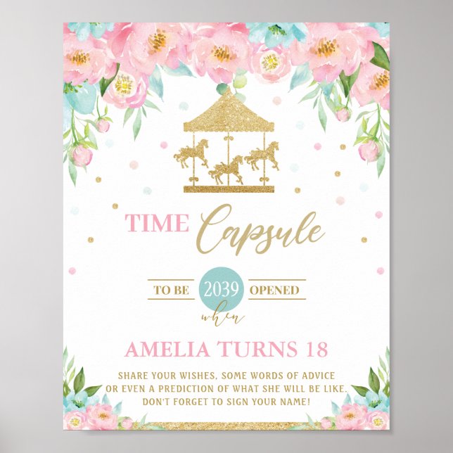 Chic Carousel Pink Mint Floral Time Capsule Sign (Front)