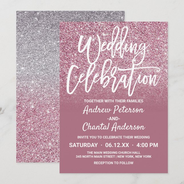 Chic Cassis Pink Silver Faux Glitter Ombre Wedding Invitation (Front/Back)