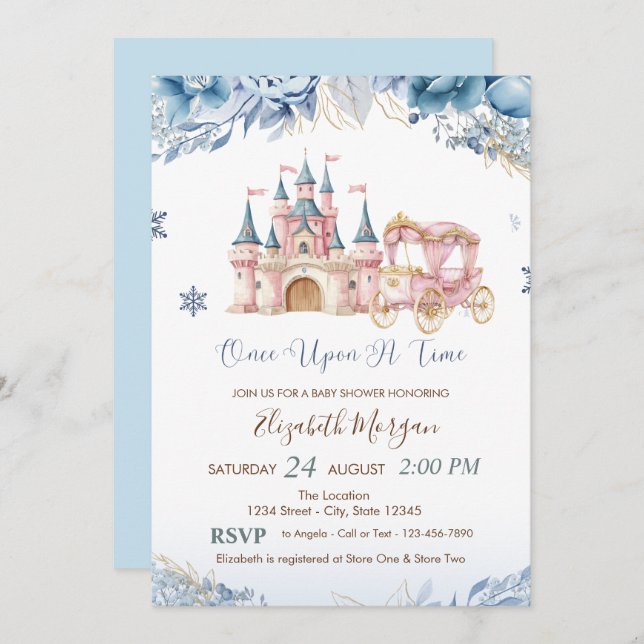 Chic Castle,Carriage Blue Flowers Baby Shower Invitation (Front/Back)