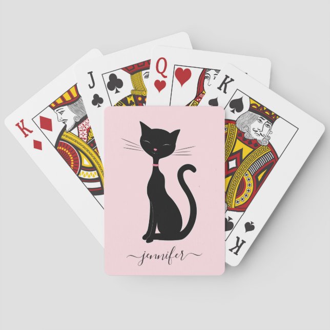Chic Cat Personalised Name Pink Black Playing Cards (Back)