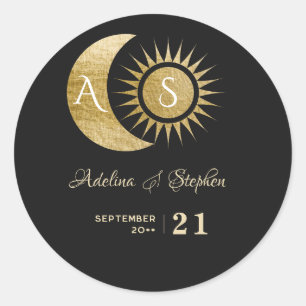 Chic Celestial Black Gold Sun Moon Monogram Crest  Classic Round Sticker