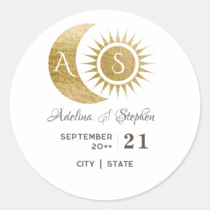 Chic Celestial White Gold Sun Moon Monogram Crest  Classic Round Sticker