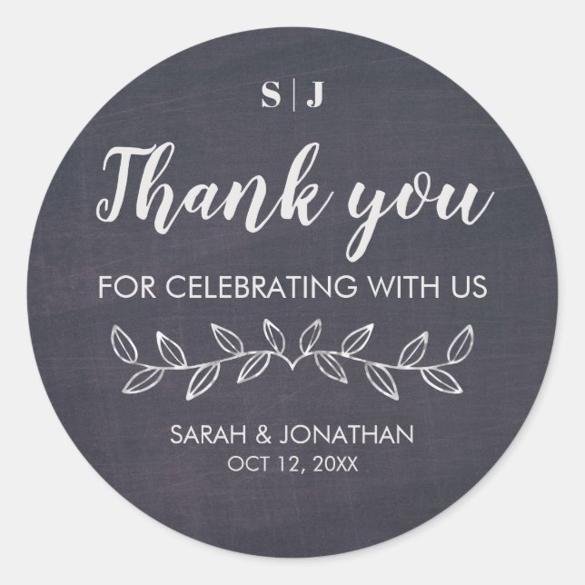 Chic Chalkboard Monogram Thank You Wedding Favour Classic Round Sticker (Front)