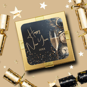 Chic Champagne and Clocks Happy New Year Square Sticker