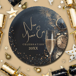 Chic Champagne and Clocks New Year's Eve Paper Plate