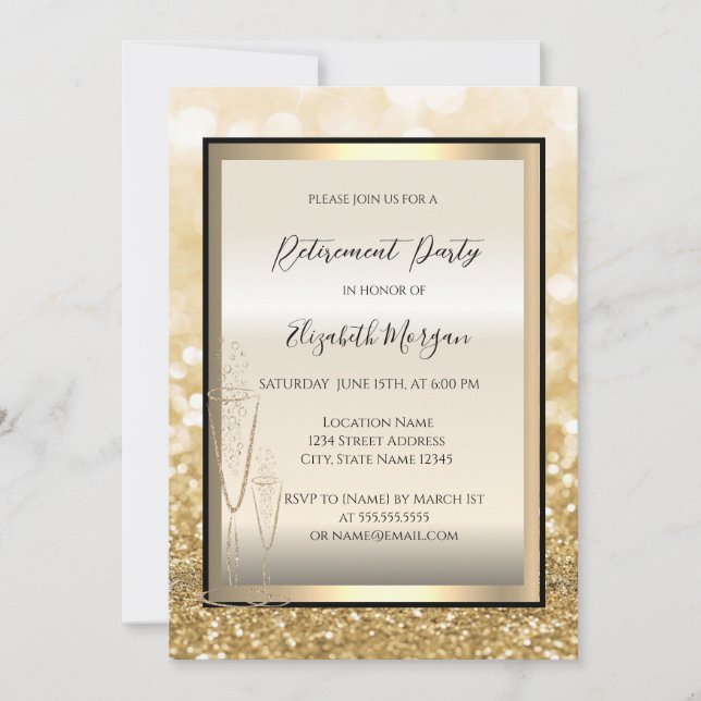 Chic Champagne Glass Gold Bokeh Retirement Invitation (Front)