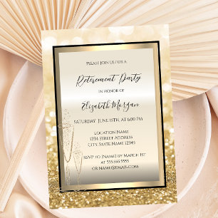 Chic Champagne Glass Gold Bokeh Retirement Invitation