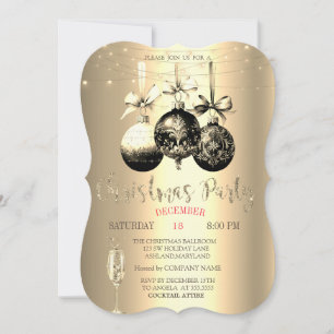 Chic Champagne Glass,Lights Gold Christmas Company Invitation