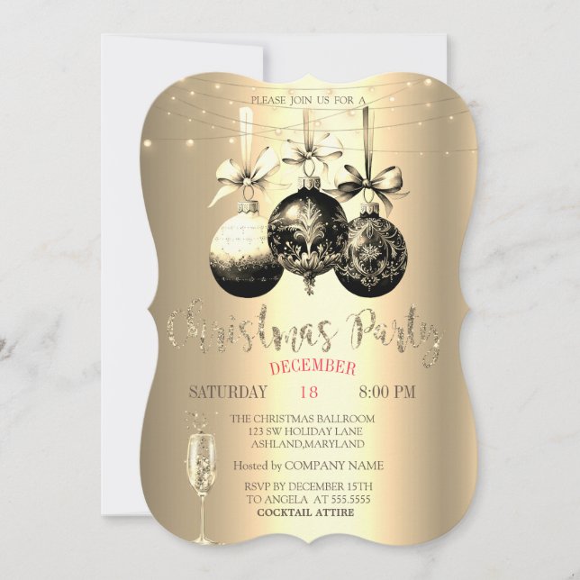 Chic Champagne Glass,Lights Gold Christmas Company Invitation (Front)