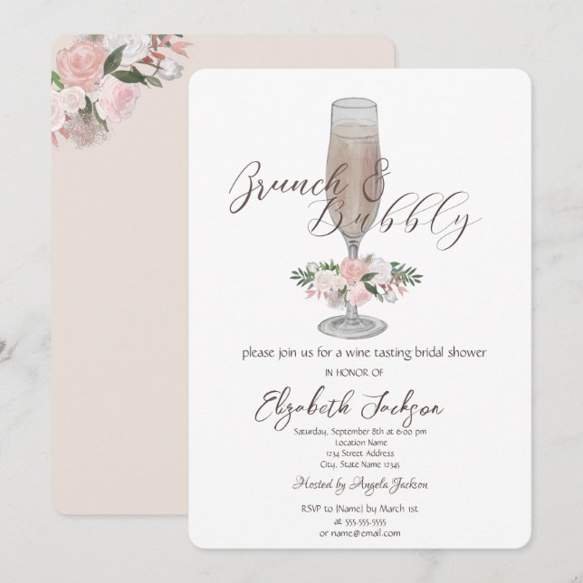 Chic Champagne Glass,Roses Brunch & Bubbly Invitation (Front/Back)