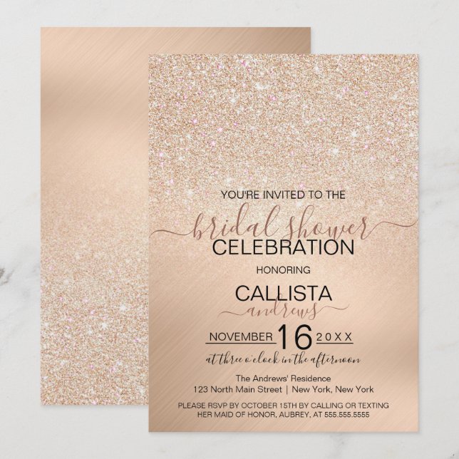 Chic Champagne Gold Glitter Metallic Bridal Shower Invitation (Front/Back)