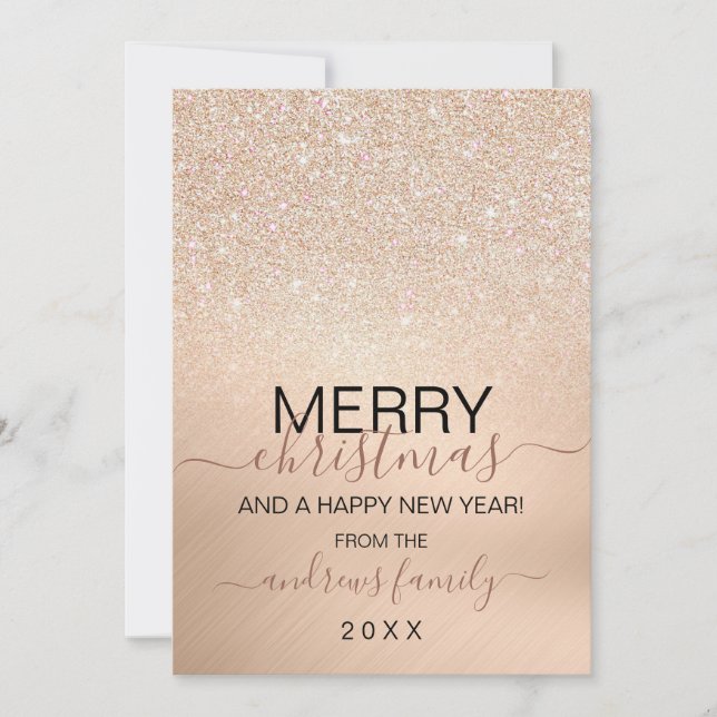 Chic Champagne Gold Glitter Metallic Christmas Holiday Card (Front)